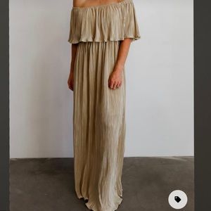 Ciara Gold Pleated Off Shoulder Maxi Dress Baltic Born